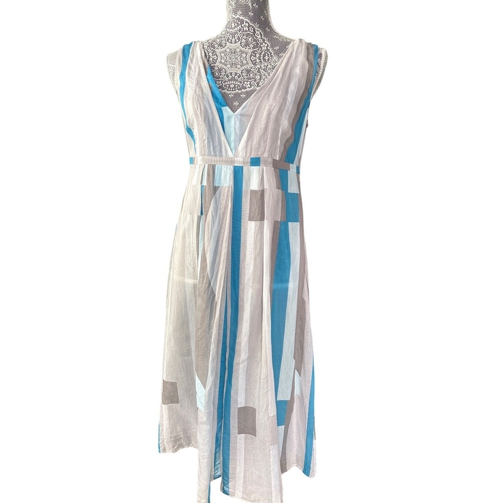 Calvin Klein Silk Cotton Blend Boho Chic Dress Gray Blue Geometric Print Sz6 - Picture 1 of 14